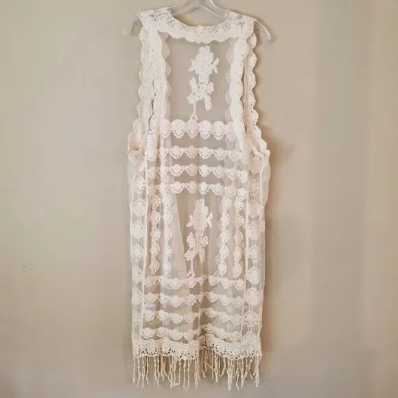 Women's‎ Bohemian Long Vest Embroidered Size Large Beige Western - Picture 8 of 9